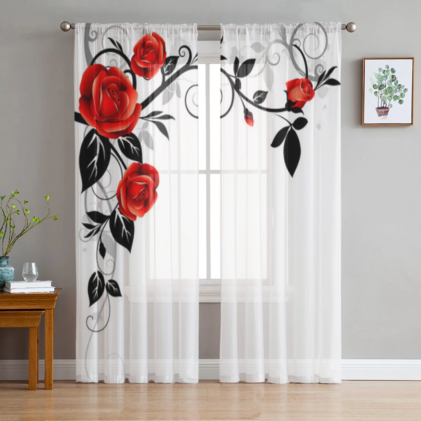 

Red Rose Flower Tulle Curtains for Bedroom Home Decor Living Room Kitchen Voile Curtains for Blind Drapes