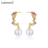 luoteemi woman tops fashionable pendant earrings boucle oreille femme imitation pearl with colorful aaa cubic stones pendientes