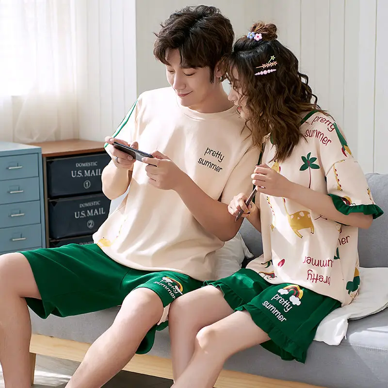 1 2 sets of price lovers pajamas women summer cute a man and a woman with short sleeves loose couple leisurewear suit