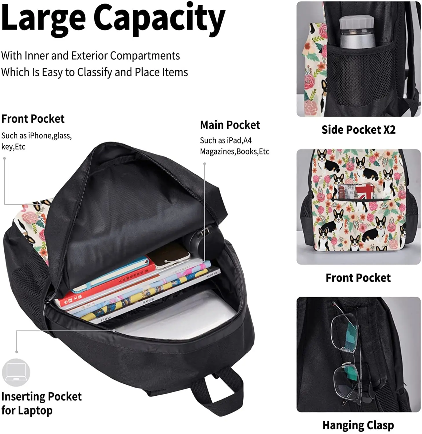 Kids School Backpack Cute Corgi Schoolbag Travel Bag Casual Daypack Lunch Bag Pencil Case for Boys Teens Girls 3pcs Sets