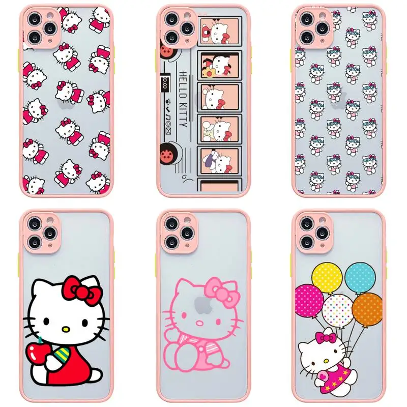 

Anime hello kitty Phone Case For iphone 13 12 11 Pro Max Mini XS 8 7 Plus X SE 2020 XR Light pink Matte Transparent Cover