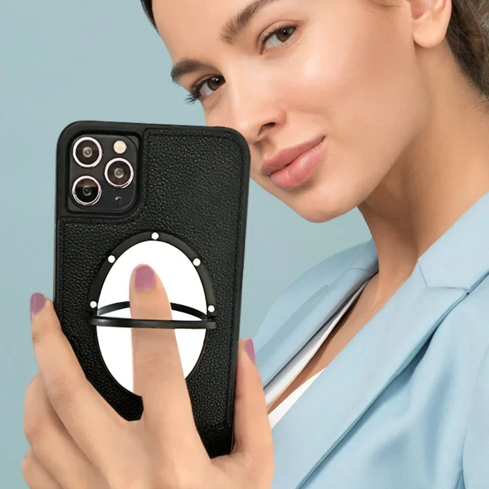 Новинка кожаный чехол для iphone14 с зеркалом макияжа картой телефона диагональю 13