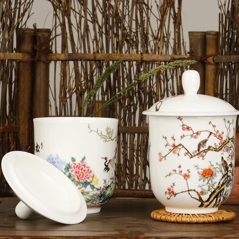 Фото Керамическая чайная чашка Jingdezhen с крышкой, китайская чашка для воды, чашка для офиса, встреч, отеля, компании, индивидуальный логотип №4