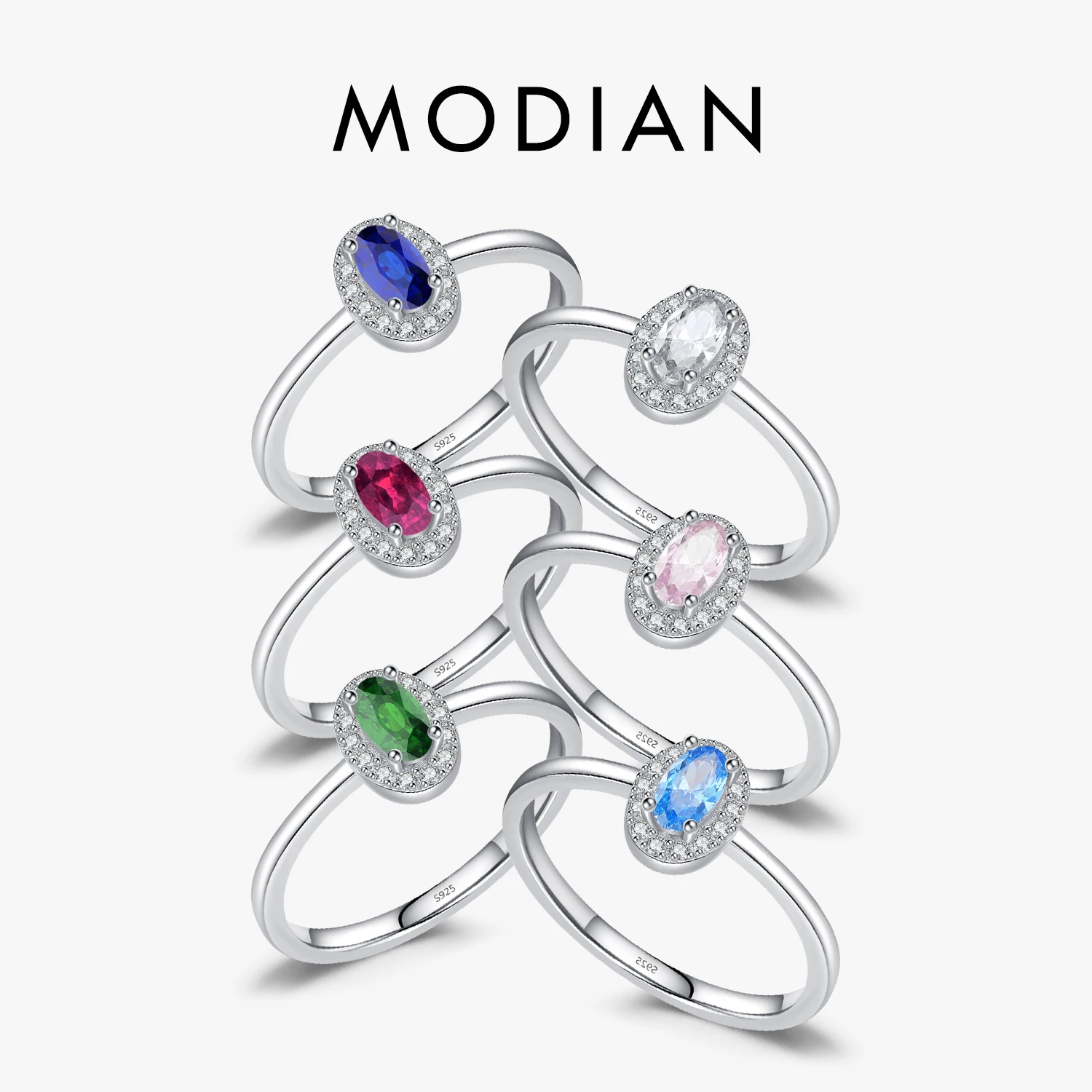 

MODIAN Real 925 Sterling Silver Classic Elegant Oval Rainbow Colorful Zirconia Ring For Women Wedding Engagement Fine Jewelry