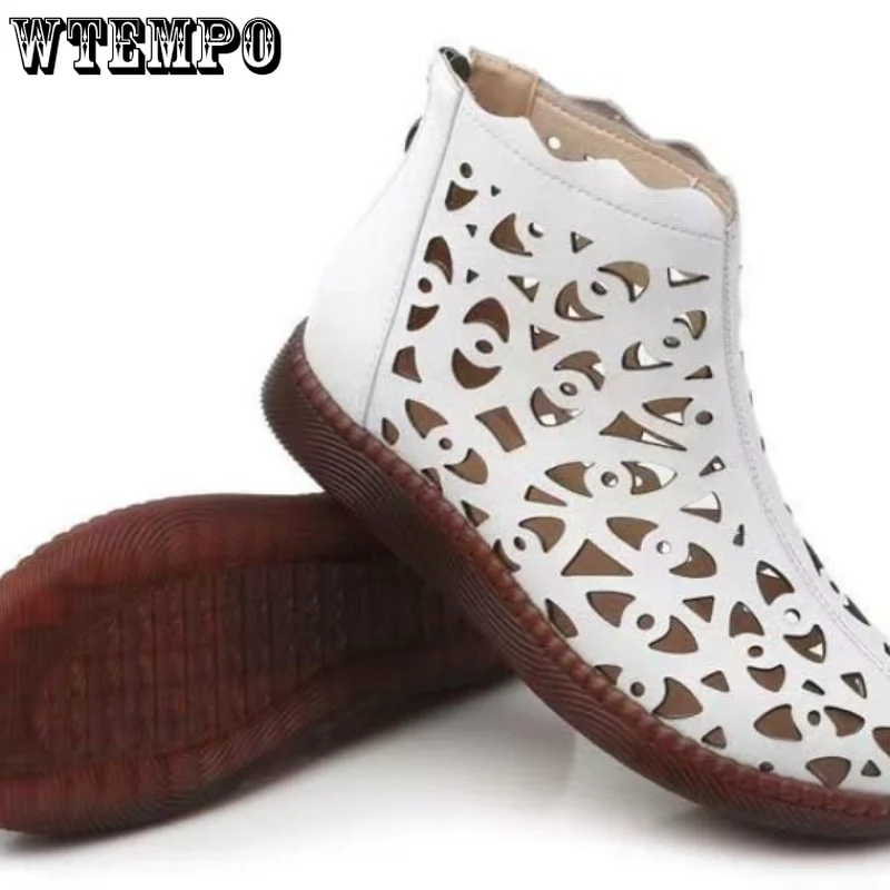 WTEMPO Summer Hollow Hole Sandals Women's Flat Roman Sandals Round Head Soft Bottom Large Short Boots Wholesale Dropshipping