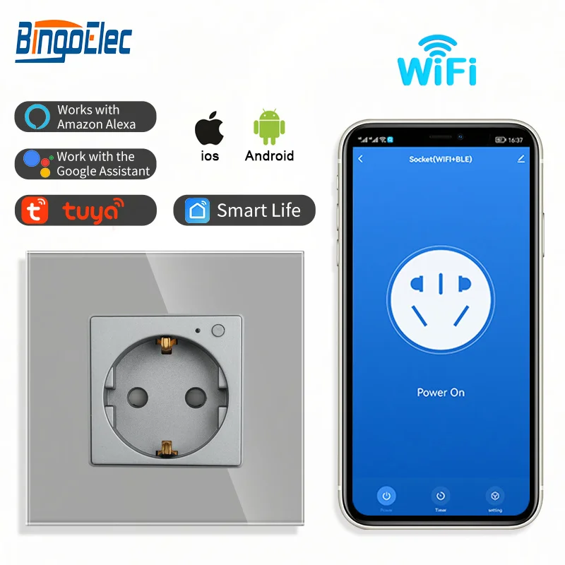 

WiFi Smart Plug EU Wall Socket Smart Life Tuya App Remote Control Glass Panel white black Power Monitor Timing Function