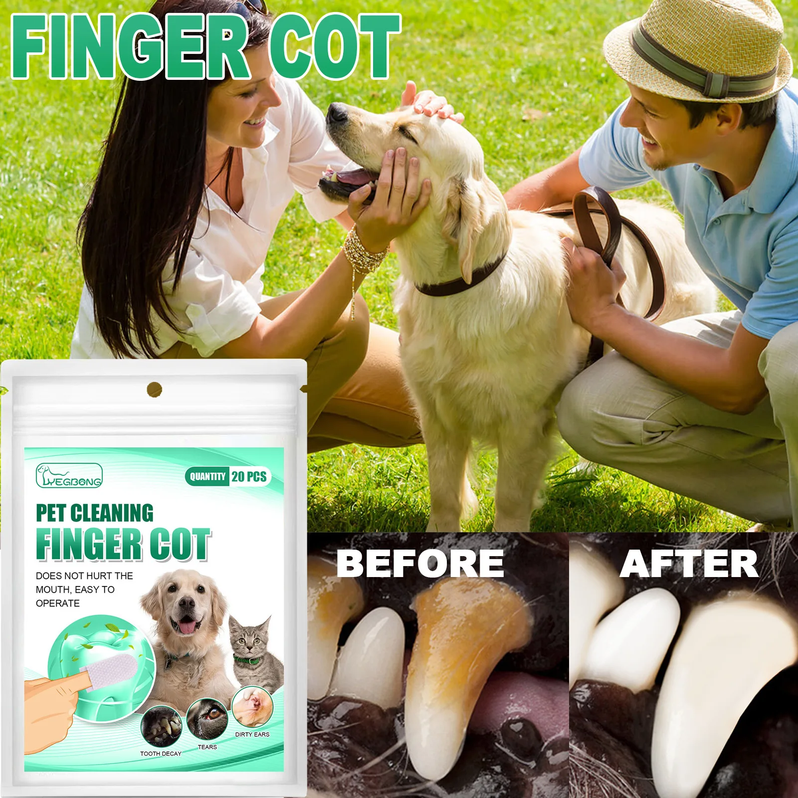 

Pet Teeth Finger Cot 20pcs/bag Finger Wet Wipes Remove Tartar Cochlear Cleaning for Pets Dogs Cats Oral Care Finger Cover