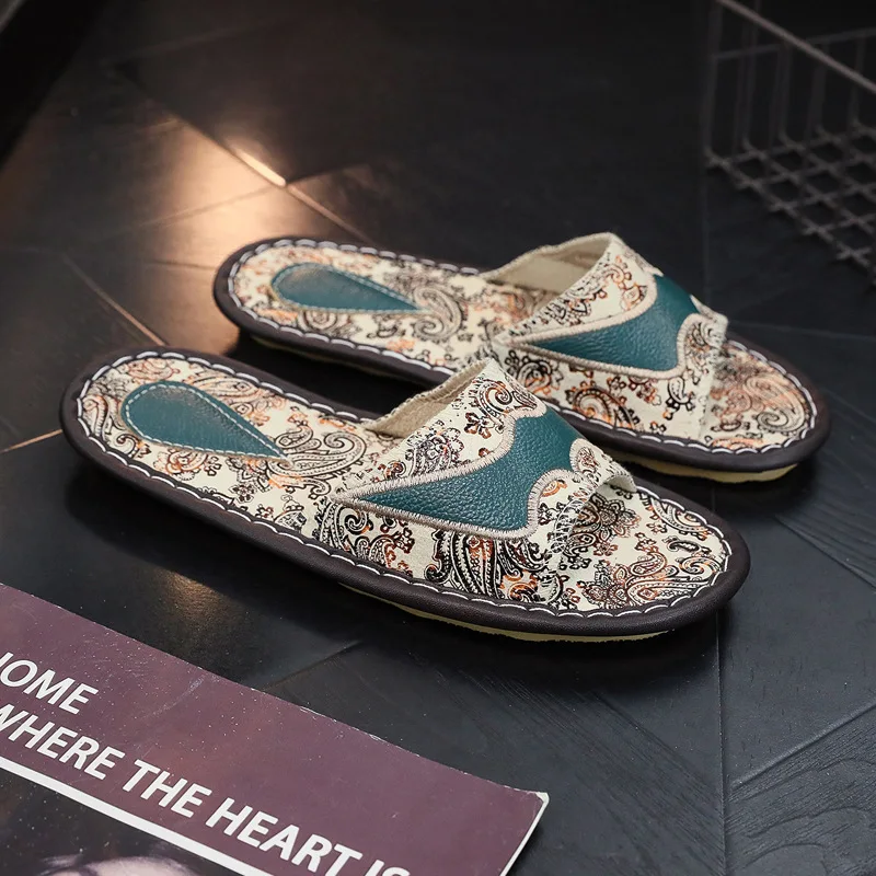 Genuine Leather Women Slippers Fashion Embroidery Home Floor Slides Men Spring Summer Soft Sole Outdoor Sandals Couple Shoes