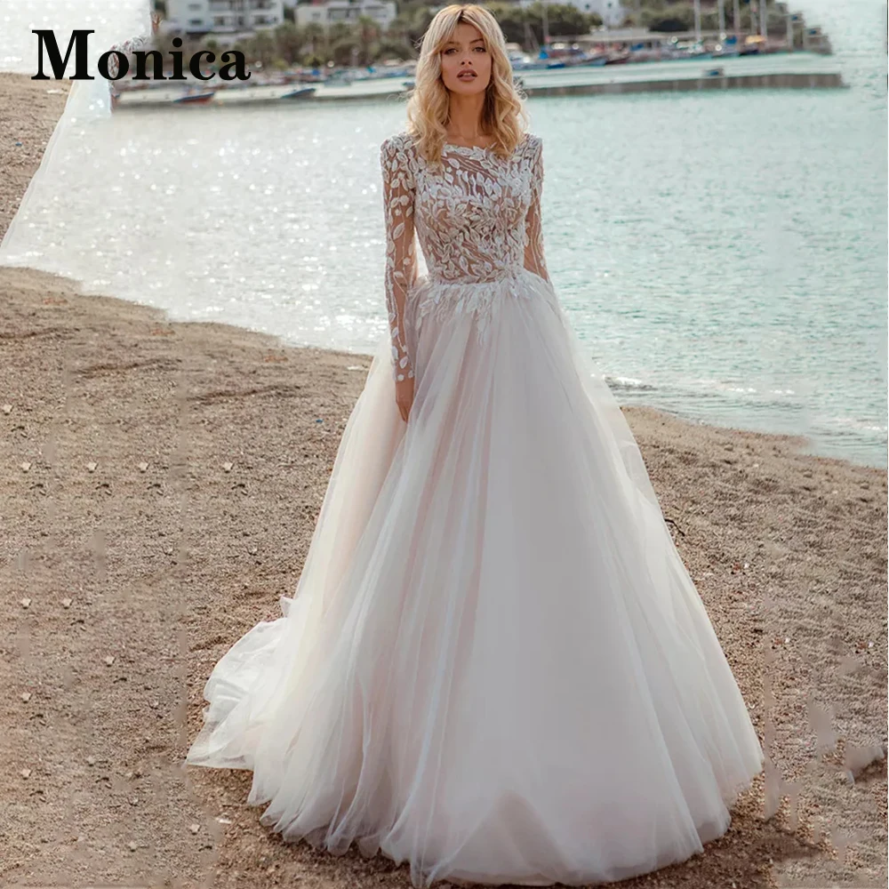 

MONICA Charming Long Sleeve Scoop Button Wedding Gown Tulle For Bride Made To Order Appliques Vestido De Casamento A-Line Pleat