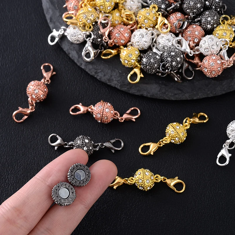 

3set Inlaid Rhinestones Ball Magnet Connector End Fasteners Buckle with Lobster Clasp Closures for Bracelets Making Component