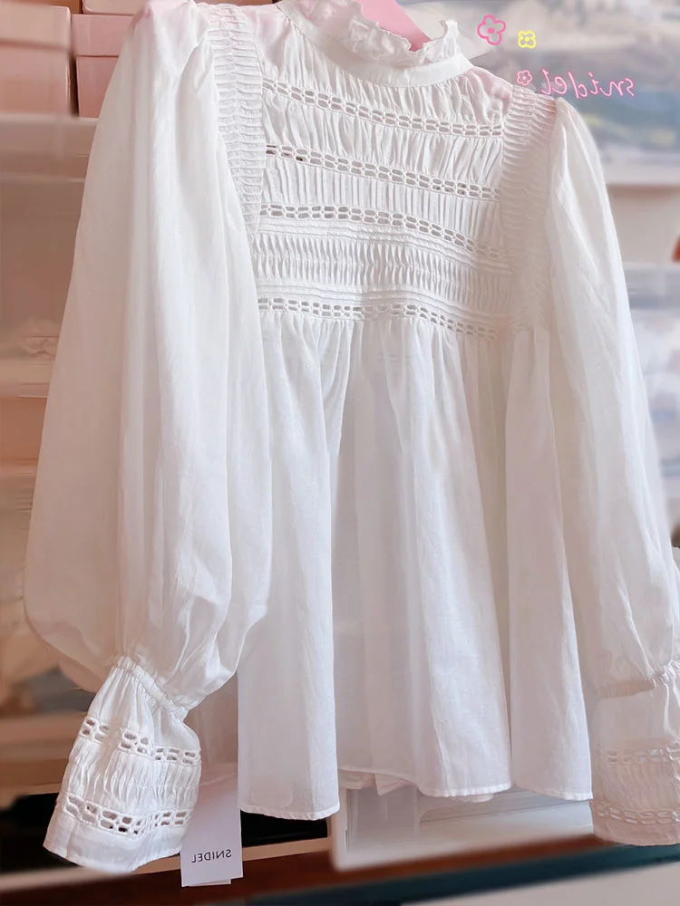 

Новинка Весна 2023 уникальная и уникальная маленькая рубашка Фея Топ белая рубашка с пузырьковым рукавом дизайнерская Маленькая женская летняя рубашка