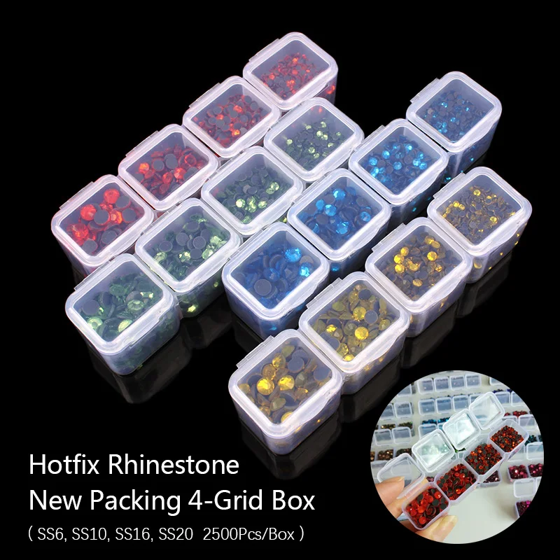 

Новая упаковка, 4 ячейки, 4 размера, смешанные 2500 шт., набор Стразы для горячей фиксации, плоские стеклянные стразы для украшения одежды своим...