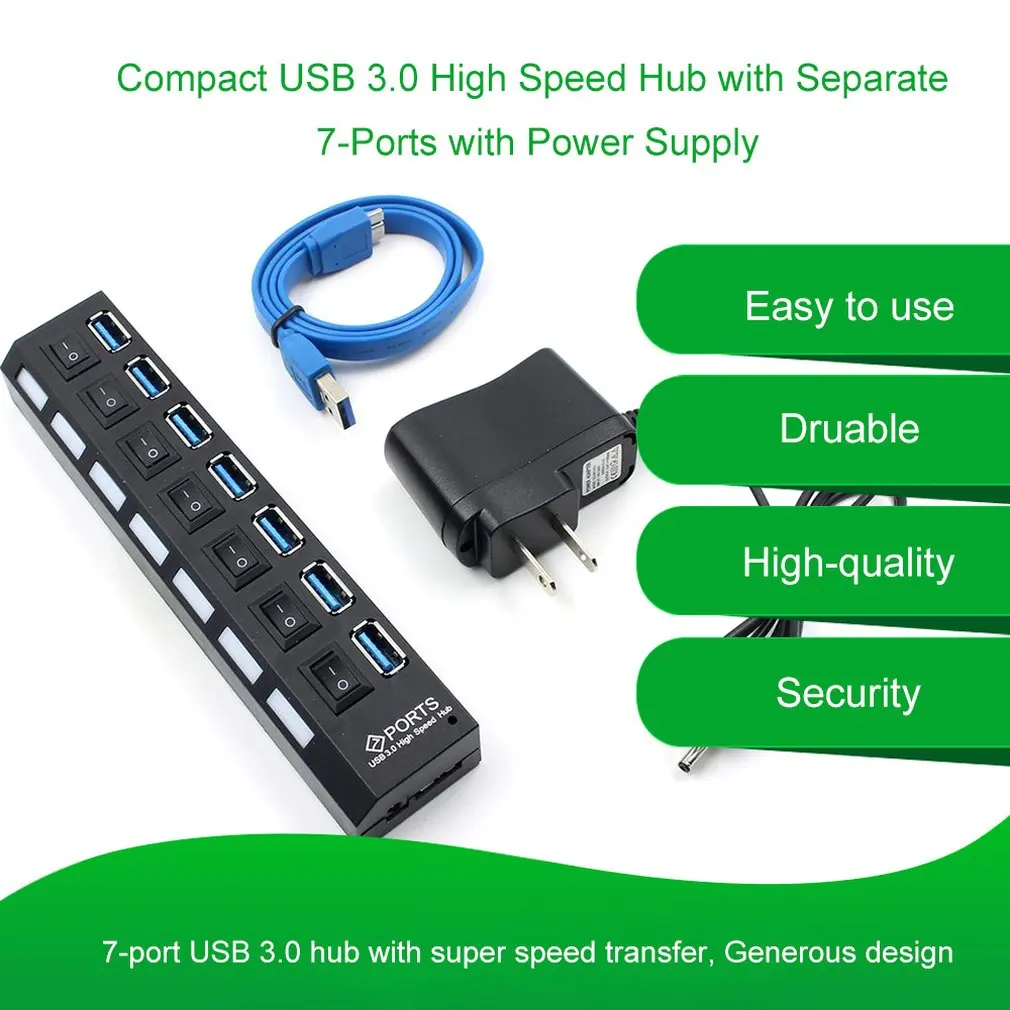 

7 / 4 USB 3.0 High Speed Hub with Separate Seven Ports Compact Lightweight Power Adapter Hub with Power Supply