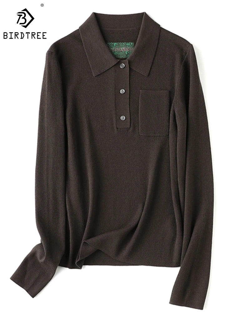 

Birdtree 100% шерстяной пуловер, свитер воротник поло тонкий сплошной цвет с длинными рукавами простые универсальные коммутируемый вязаный женский новый T30370QD