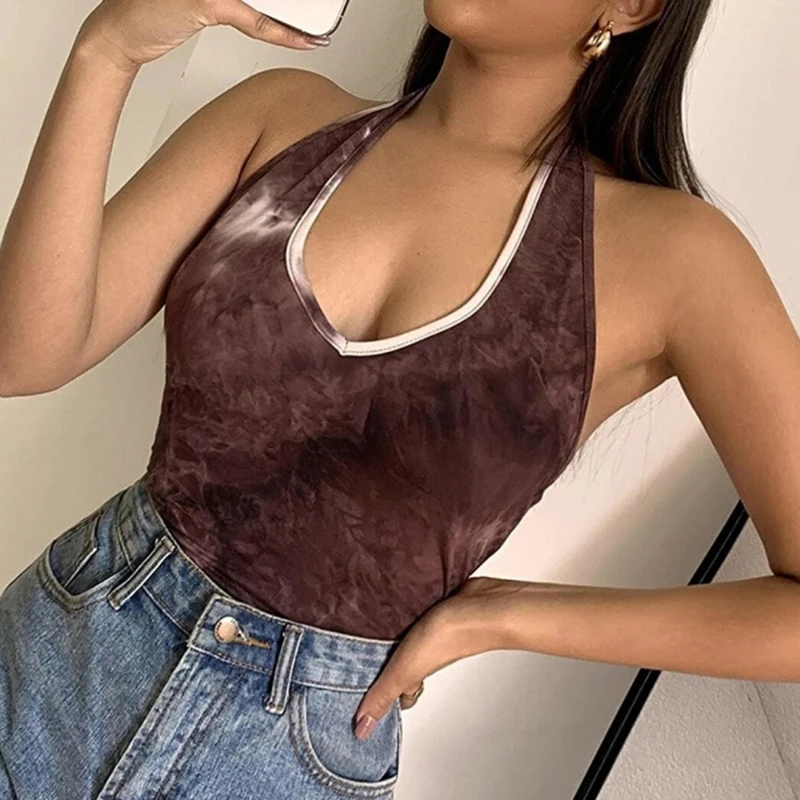 

Summer Floral Print Slim Sexy Halter Crop Top Sleeveless Short Tops Y2k Aesthetic Fashion V-neck Club Camis Tanks Women Clothes