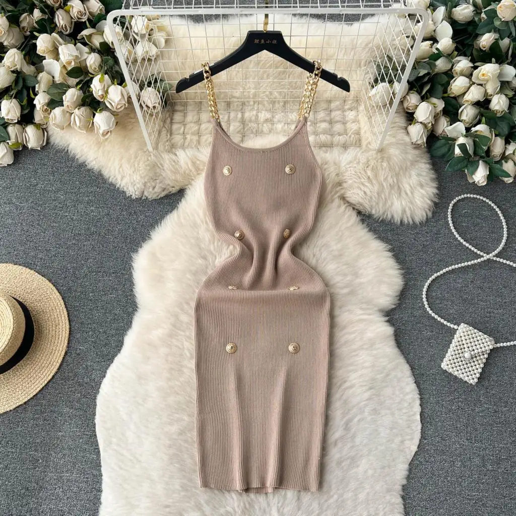 

Сексуальное эластичное вязаное облегающее платье без рукавов, сексуальные шикарные платья, женское летнее облегающее женское платье-комбинация с цепочкой