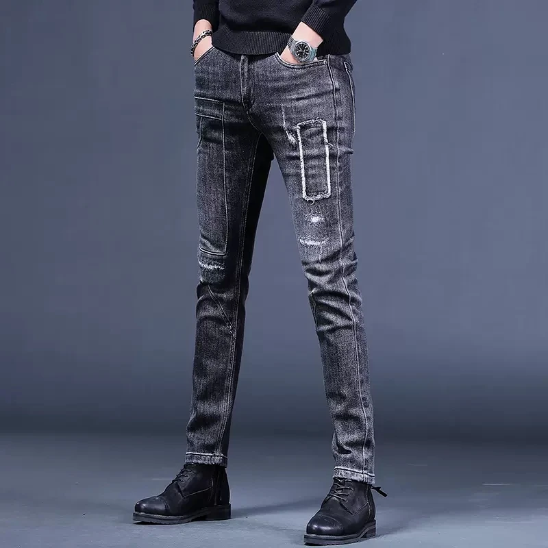 Autumn Men's Black Gray Ripped Jeans Slim Fit Straight Pants Streetwear Fashion Patchwork Patch Denim Trousers CP2006