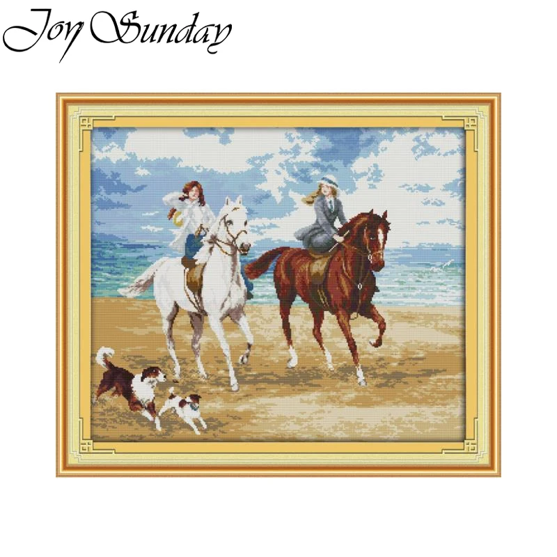 

Joy Sunday Horse Riding Women Pattern Cross-Stitch Kits Aida 16/14/11CT Hand Embroidered Sets Wholesale Painting For Home Decor