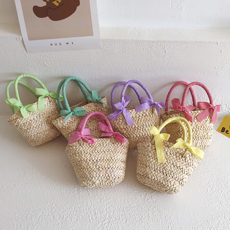 

Kids Straw Pures and Bags 2022 Cute Rattan Handmade Woven Girls Basket Hand Bag Tote Kawaii Baby Beach Purses and Handbags