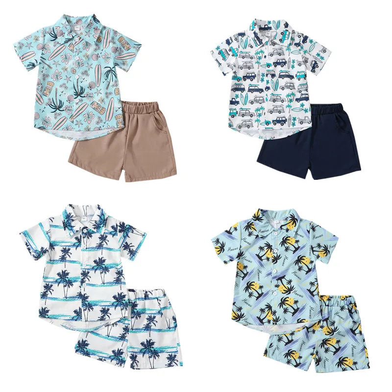 

Гавайский костюм для мальчиков, рубашка с коротким рукавом и принтом кокосового дерева, на пуговицах и шорты с эластичным поясом, комплект д...