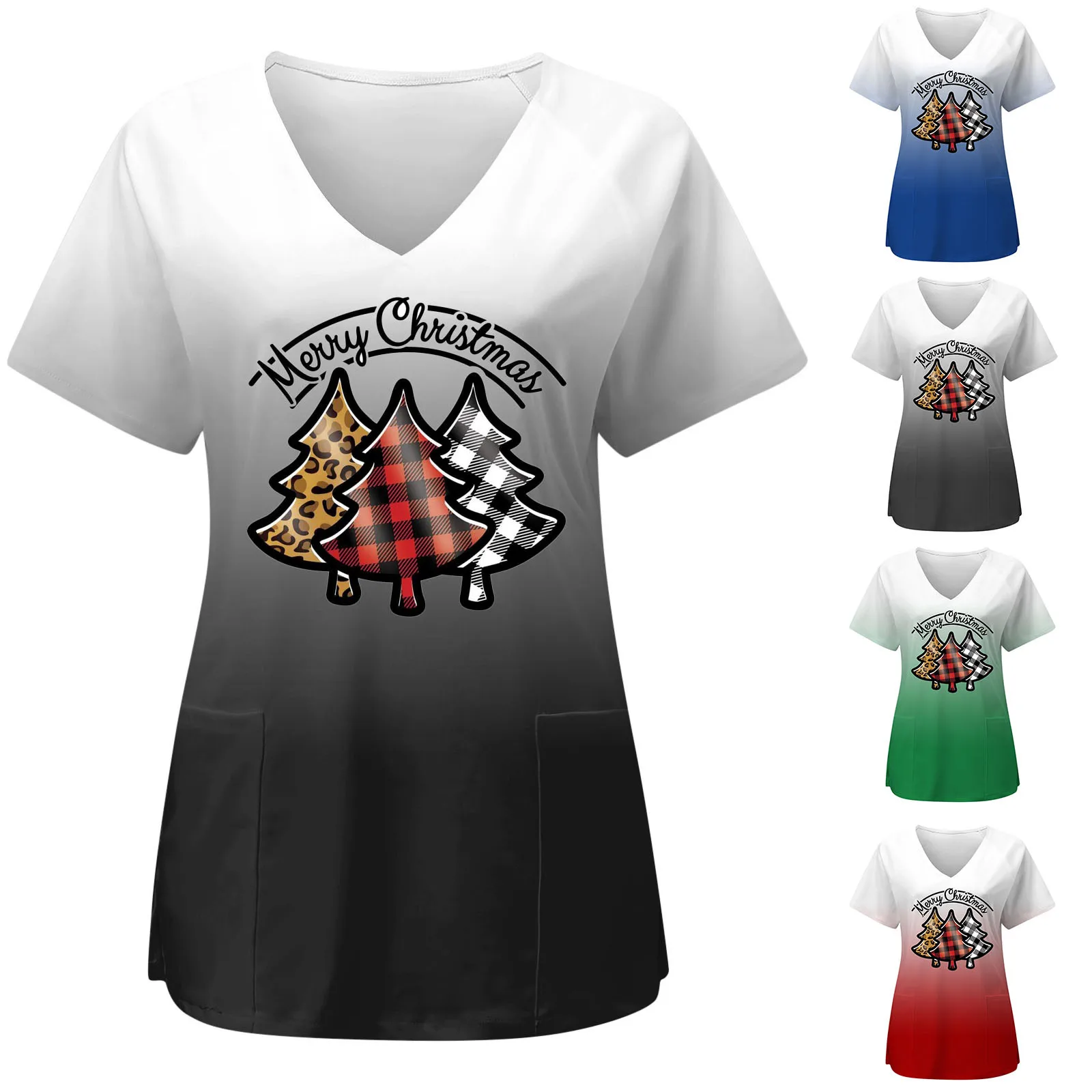 

2023 Рождественская скраб-форма Женская рождественская печать короткий рукав карман заботливая футболка Новогодние рождественские топы для...