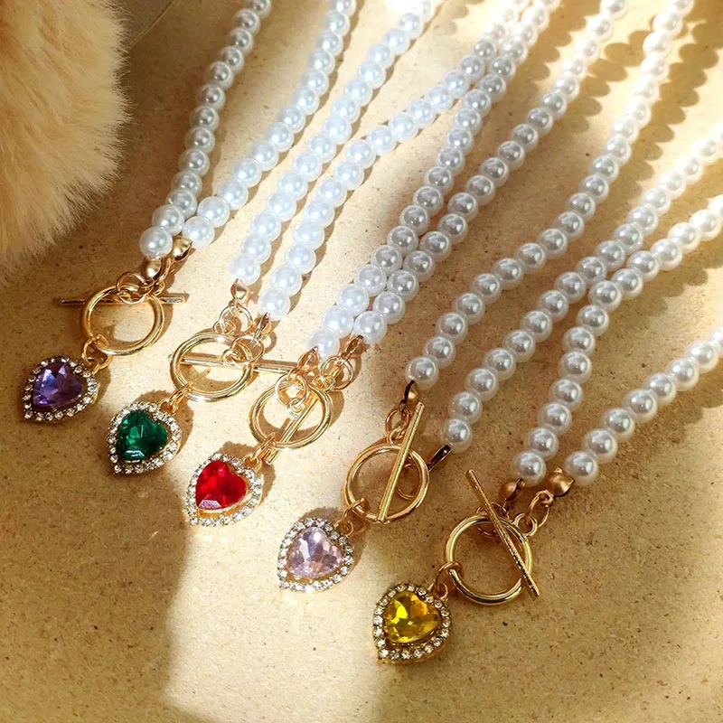 

Beads Chain Pearl Choker Necklace for Women Pink Red Crystal Love Heart Pendant Choker with Rhinestone Female Collar Jewelry New