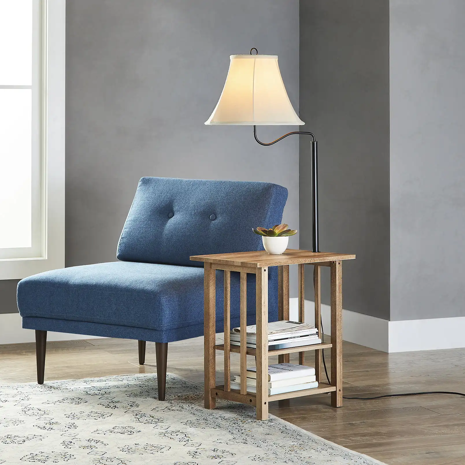 

HMTX End Table Floor Lamp with Magazine Rack, Light Brown Finish