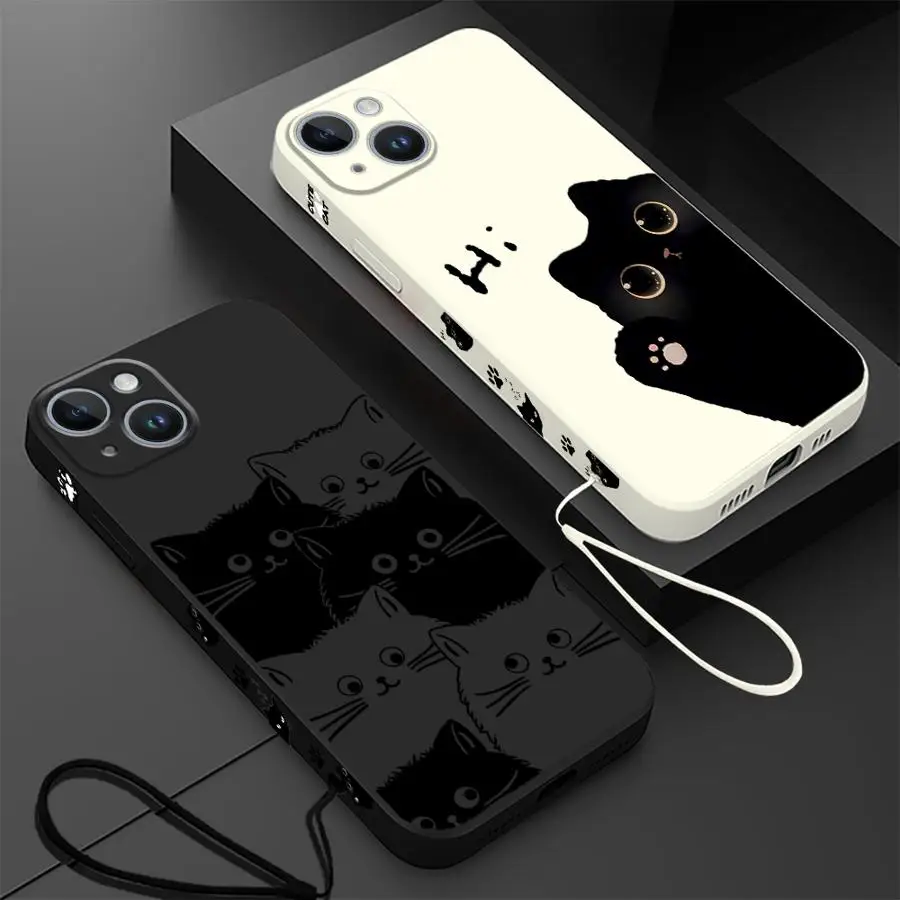 Милый мультяшный черный чехол для телефона с котом Apple iPhone 16 15 Plus XS Max 14ProMax XR 11 SE 13 Pro