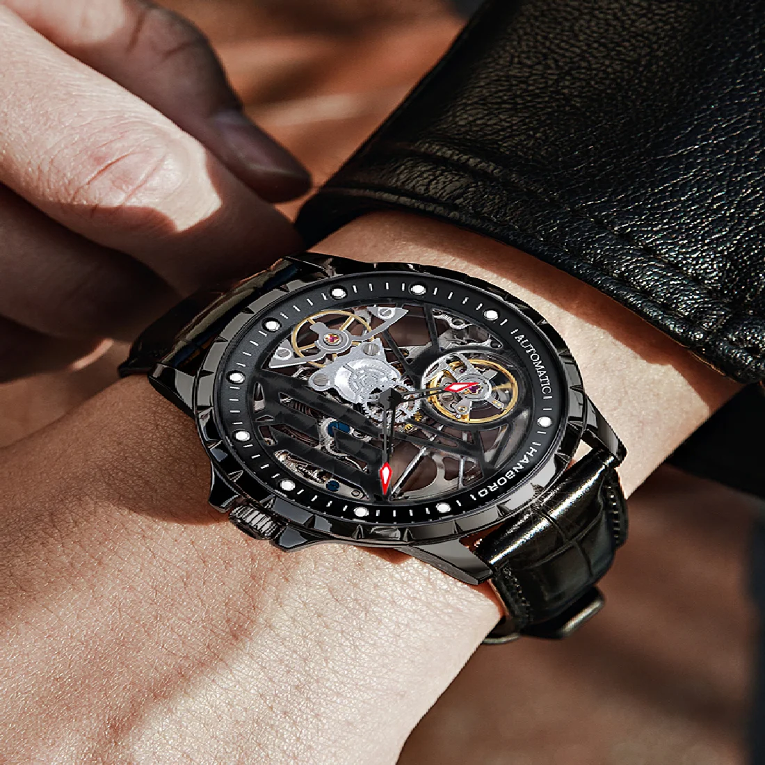 

HANBORO Genuine Black Technology Automatic Men Watch Hollow Out Tourbillon Mechanical man Watches Fashion Business Reloj Hombre