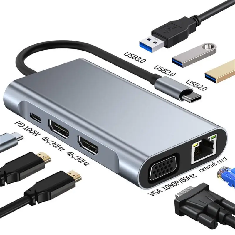 Адаптер в 1 для планшетов с интерфейсом USB Type-C на 4K HDMI, VGA, RJ45, Lan, Ethernet, SD/TF, 87 Вт