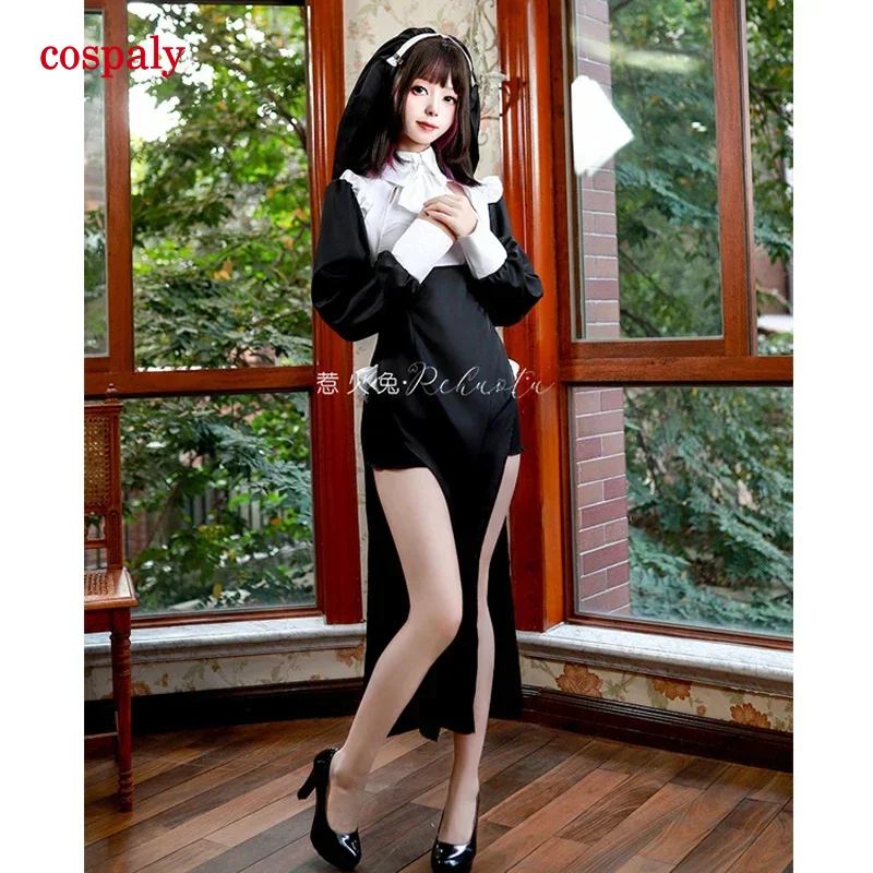 Вибrastar сестра косплей сексуальное монахиня платье с высоким разрезом боди