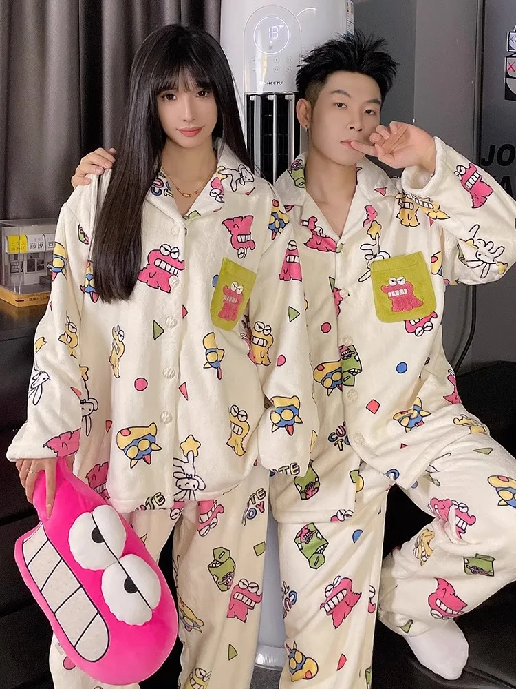 Couple Pajamas Winter Coral Fleece Thickened Fleece-lined Autumn and 2024 New Cute Men's Women Homewear