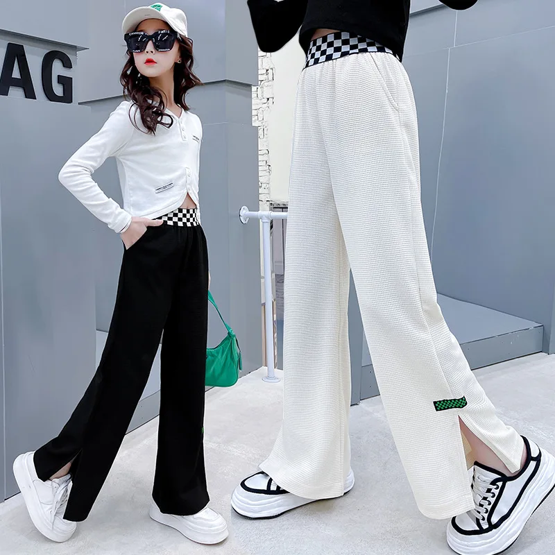 

Net red girls split checkerboard letter waist wide-leg pants 2022 spring style foreign pants tide fan middle-aged children