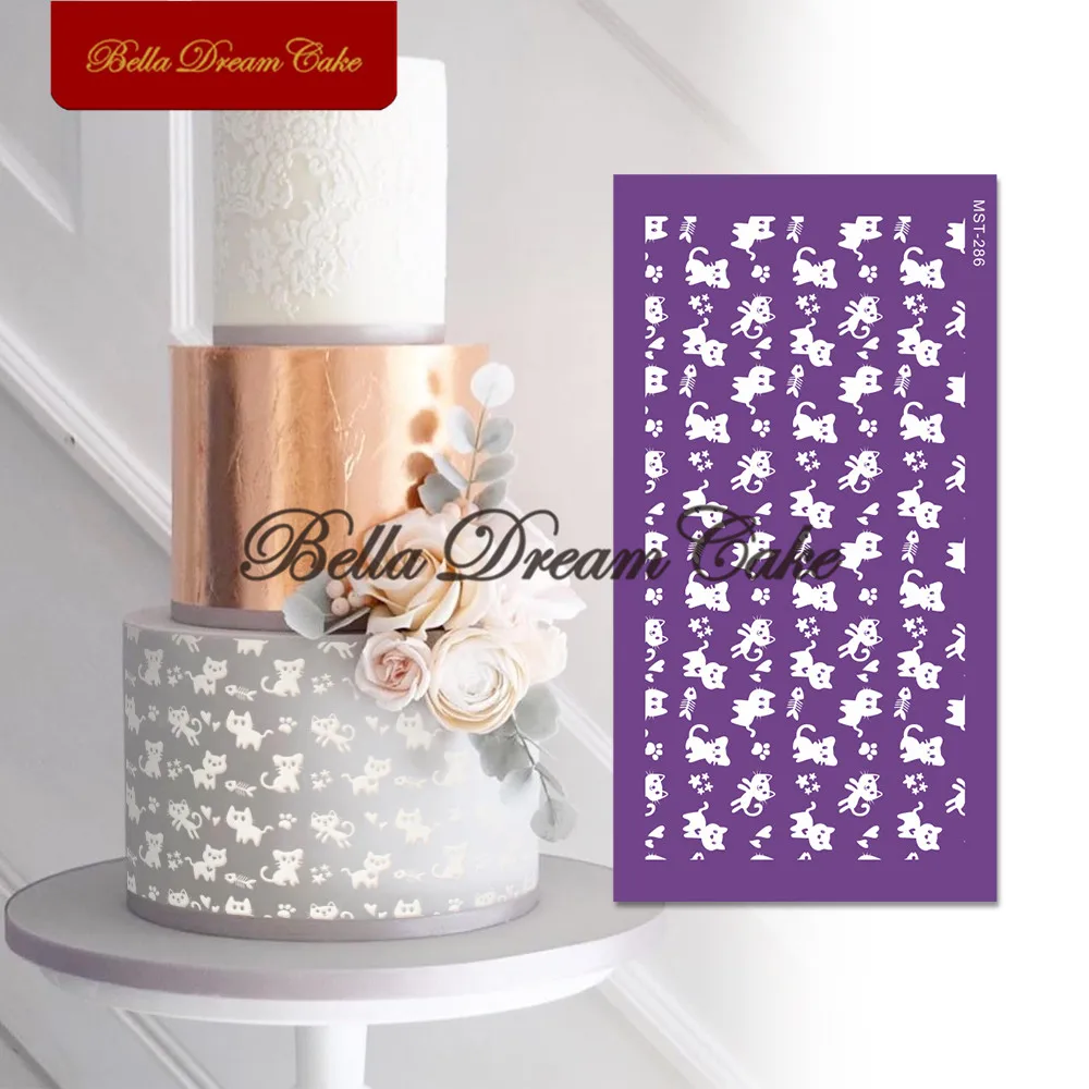

Kitten/Paw/Fishbone Design Mesh Stencil DIY Royal Cream Fondant Mould Fabric Cake Border Template Cake Decorating Tools Bakeware