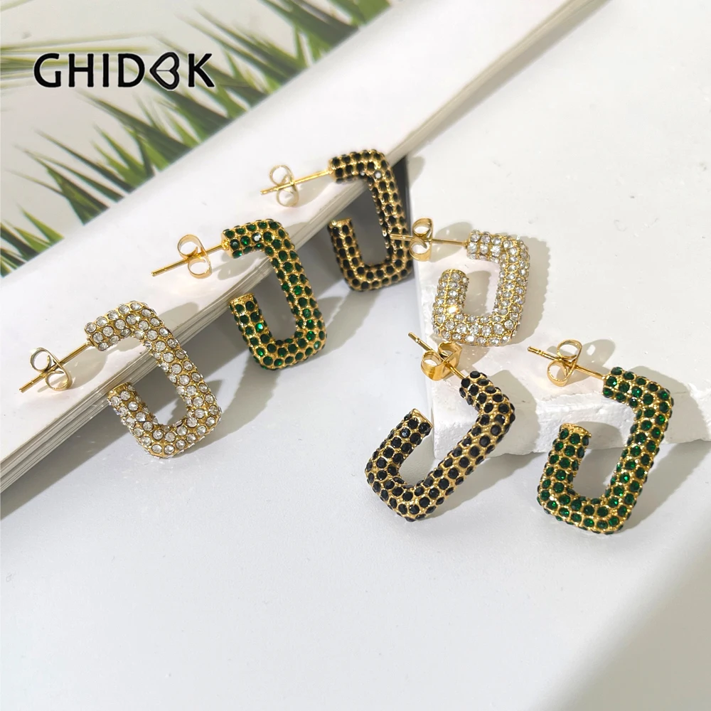 

GHIDBK 3 Colors Pave Cz Crystal Rectangle Open Hoop Earrings Women 316L Stainless Steel Tarnish Free Thick Earrings Dainty