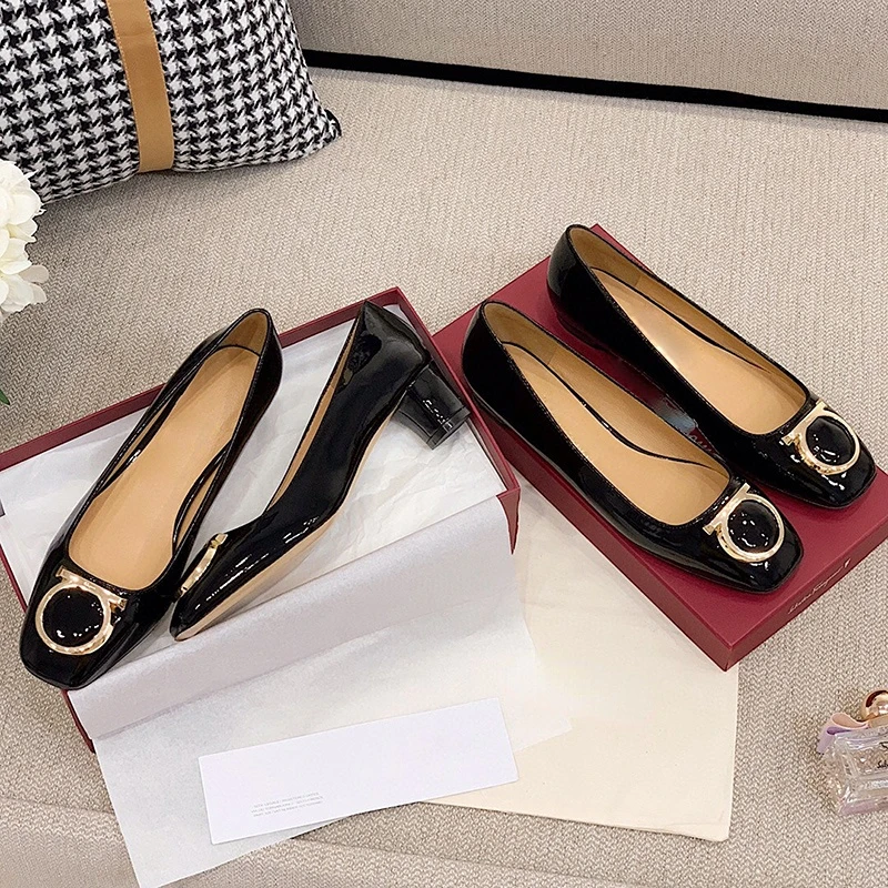 Women's Shoes 2023 Spring and Summer New Low Heel Square Head Shallow Shoes Patent Leather Single Shoes Flat Shoes