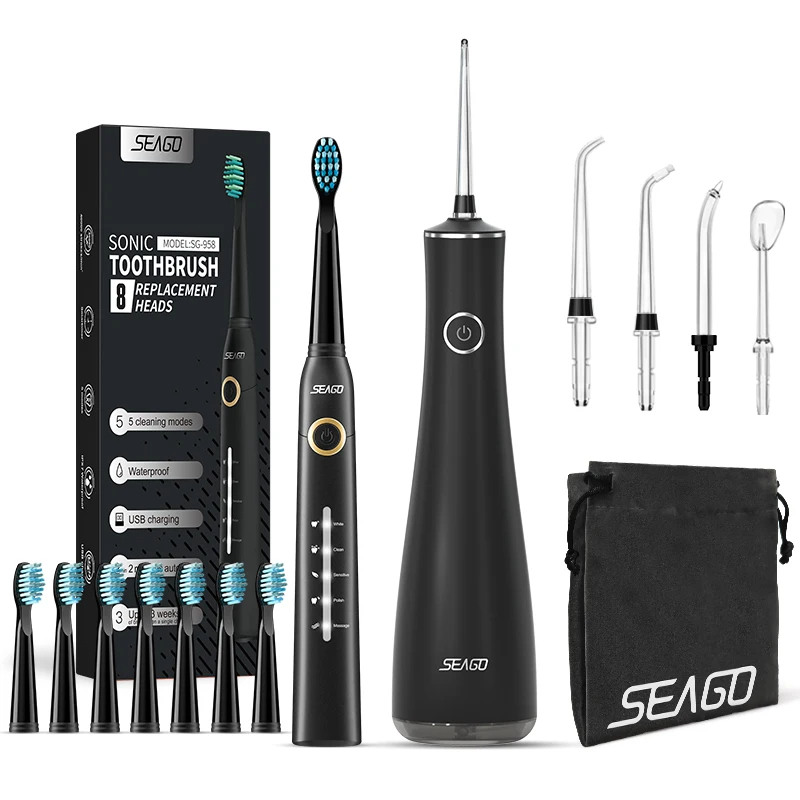 Seago Water Flosser Teeth Cleaner with 5 Nozzles Portable Dental Water Jet & Sonic Electric Toothbrush Brush with 8pc Heads