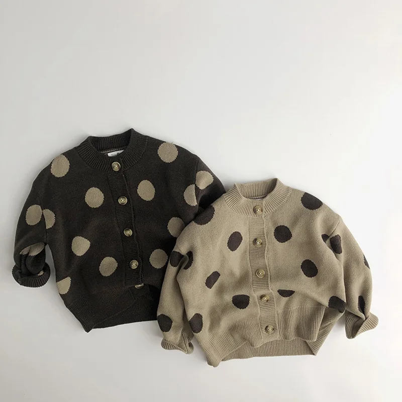 Купи LZH 2022 New Spring Children Clothes Girl Single Breasted Sweaters Long Sleeves Polka Dots Knitted Sweater Boy's Cardigans 1-6Y за 834 рублей в магазине AliExpress