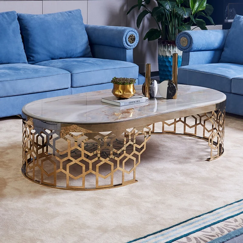 

3Stainless Steel Light Luxury Tea Table Small Apartment Marble Corner Table Stainless Steel Plate Carved Hollow Coffee Table