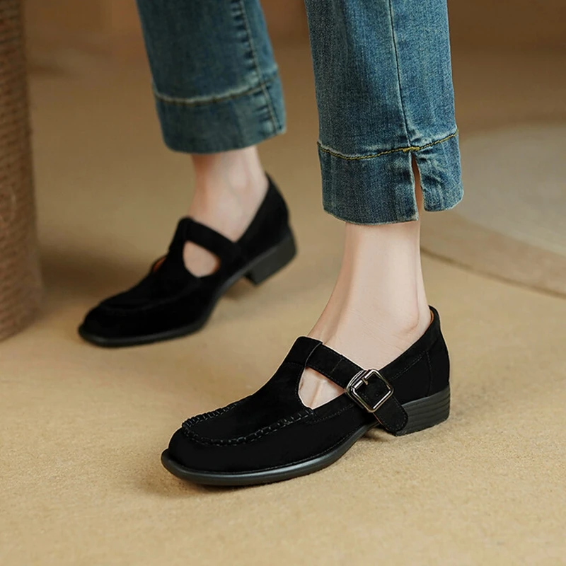 

2022 Spring/Autumn Women's Shoes Round Toe Chunky Heel Mary Janes Sheep Suede Women Pumps Solid Brown/Black Brogues Women Pumps