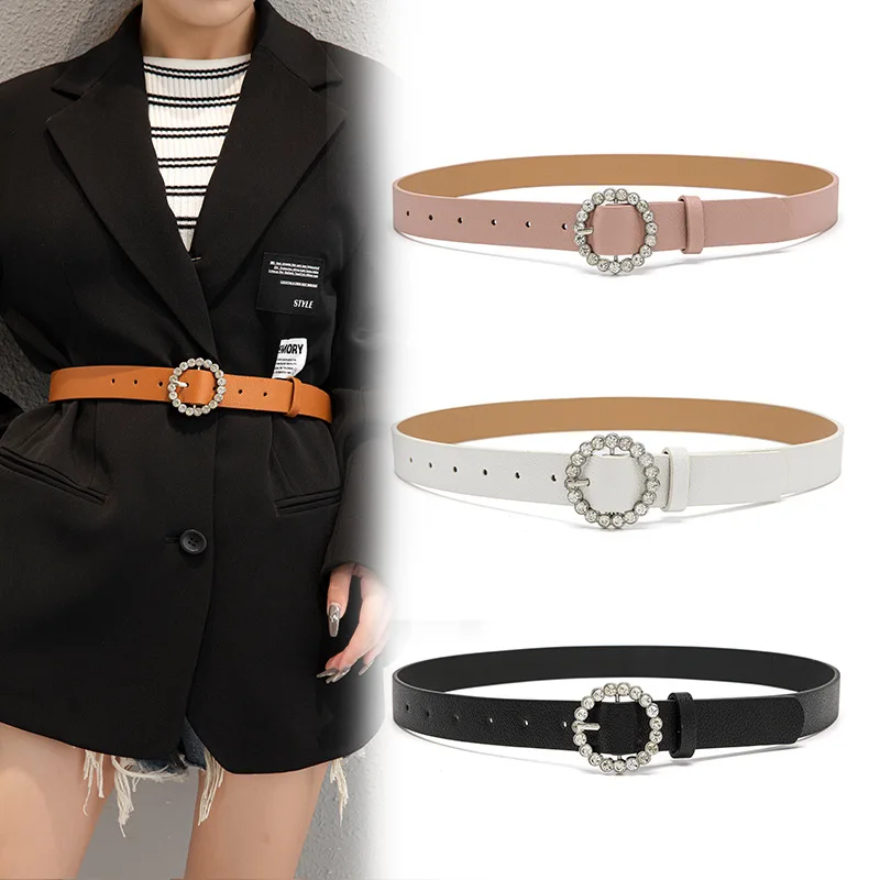 Women Belt Rhinestone Inlay Round Buckle Fashion Leather Belt for Women Accessories Belts