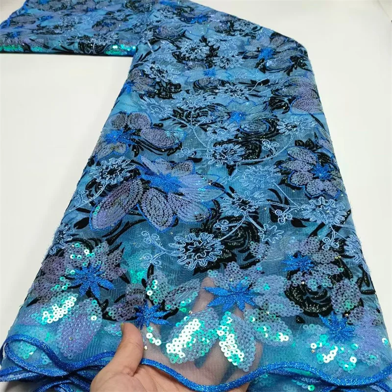 

5 Y Latest African French Lace Fabric High Quality Guipure Lace Chemical Velvet Fabric Flocking With Sequins For Wedding Part 1L