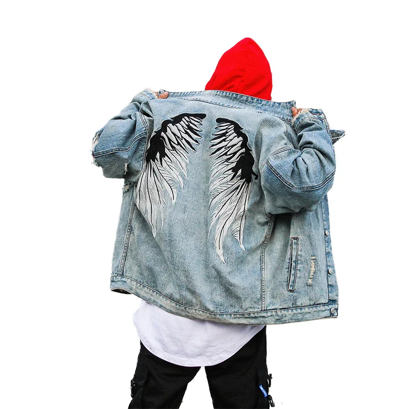 

Street Men's Hi Ripped Denim Wings Embroidery Jeans Jackets Spring Autumn Coat for Male