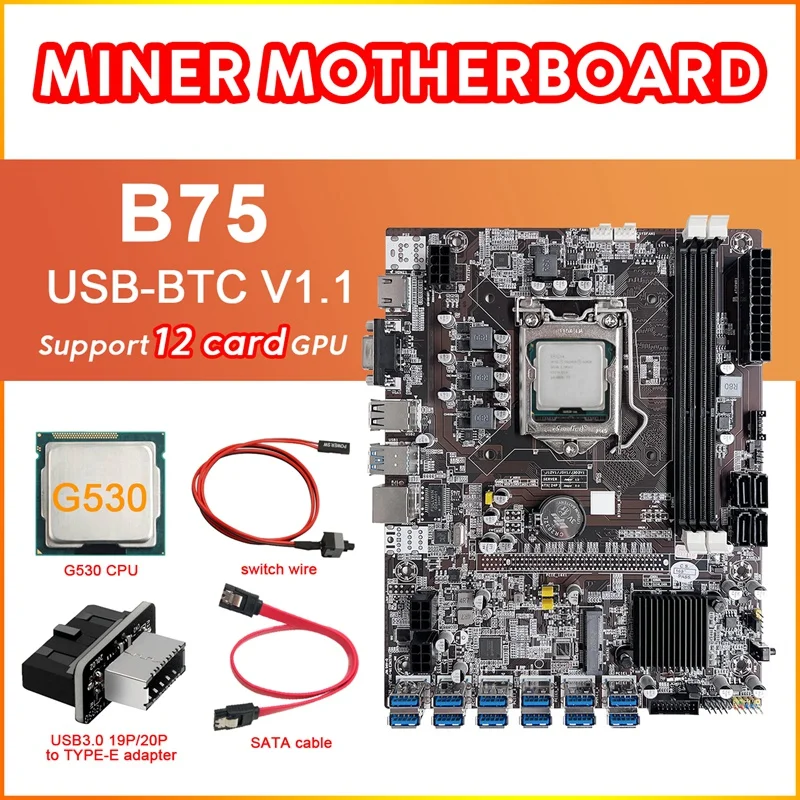 B75 12 Card BTC Mining Motherboard+G530 CPU+USB3.0 Adapter+SATA Cable+Switch Cable 12XUSB3.0 Slot LGA1155 DDR3 RAM MSATA