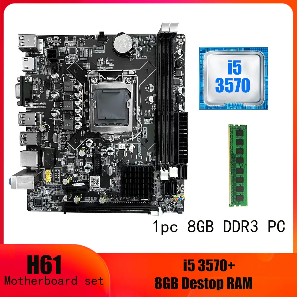 

Комплект материнской платы H61 с чипом LGA 1155, 1 шт., 8 ГБ, DDR3, память для ПК и процессором Core i5 3570, поддержка PCIE 16X HDMI VGA SATA