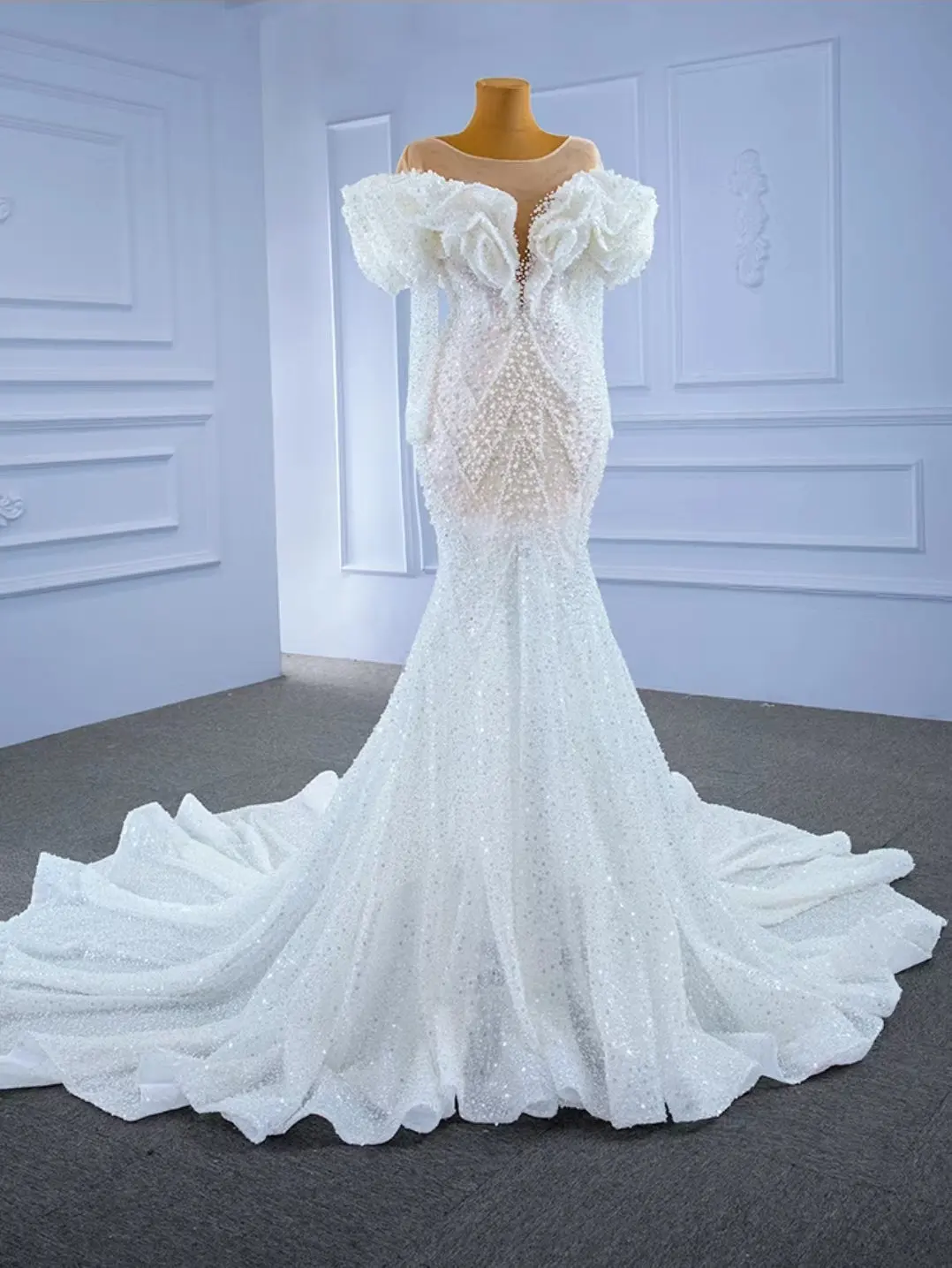 Современные Блестящие Свадебные платья русалки с 3d-вырезом жемчужинами и