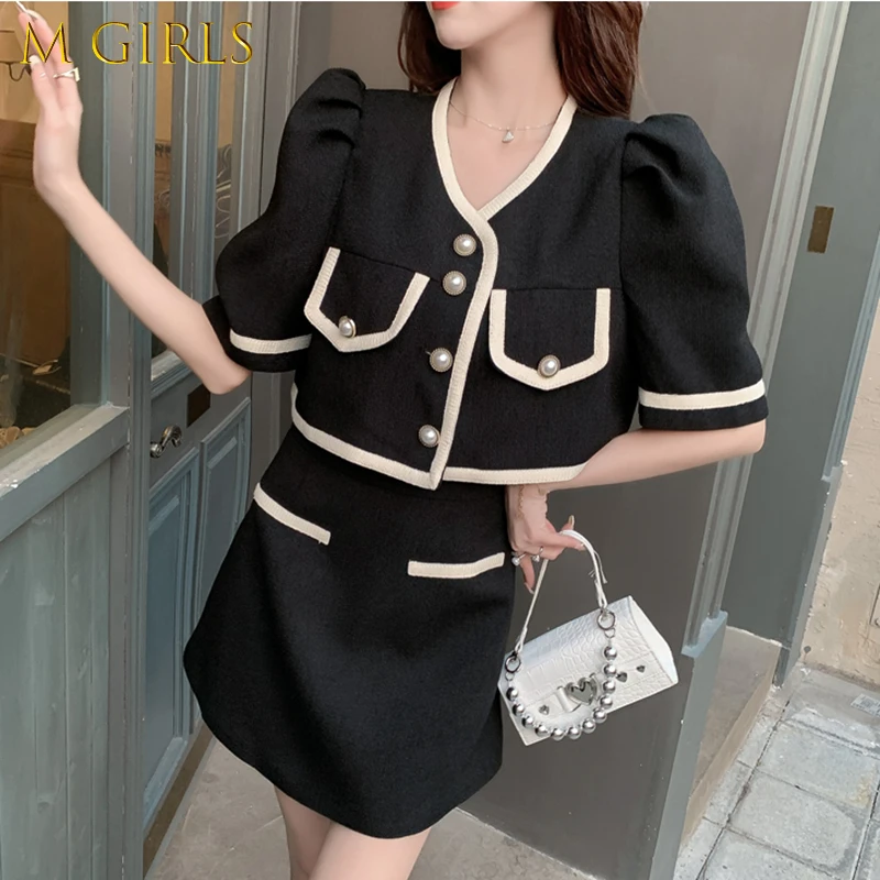 Summer New Small Fragrance Two Piece Set Simple Short Sleeve Jacket Coat High Waist A-Line Mini Skirt Suits Women's Clothing