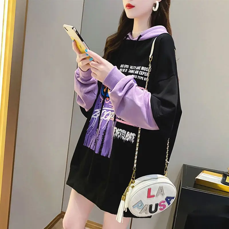 Повседневные свободные контрастные лоскутные толстовки с капюшоном весна-осень