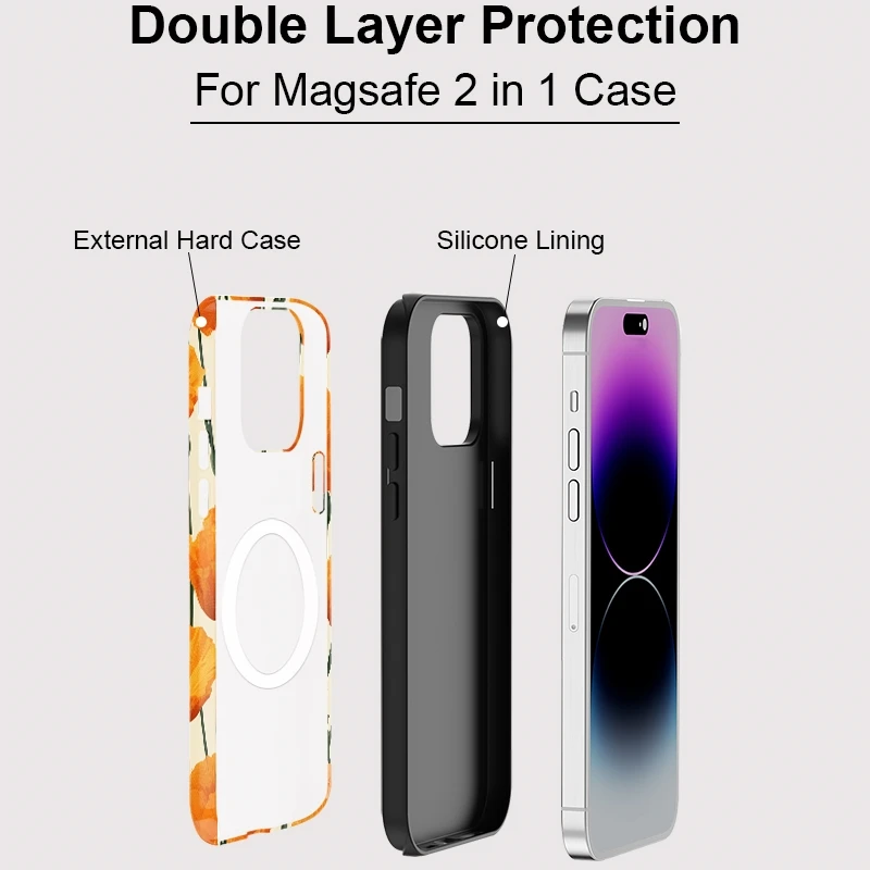 Фото Магнитный матовый противоударный чехол 2-в-1 для iPhone 17, 12, 13 Pro, 14 Plus, 15 Pro Max, 16 с цветочным дизайном для Magsafe №3