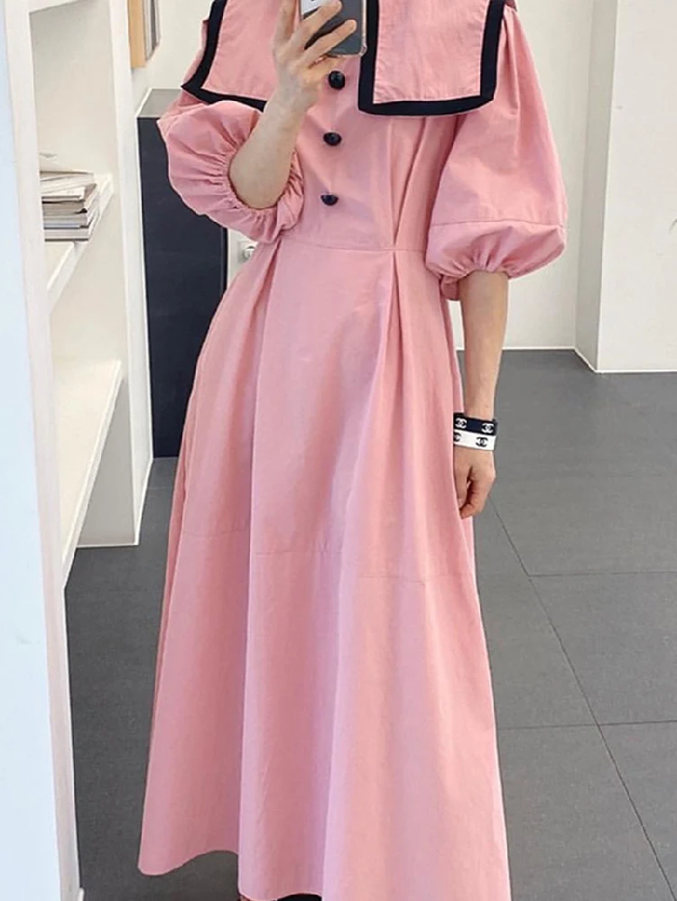 

South Korea Chic Summer Niche Age-reducing Navy Collar Contrast Color Single-breasted Pleated Waist Waist Slim Puff Sleeve Dress